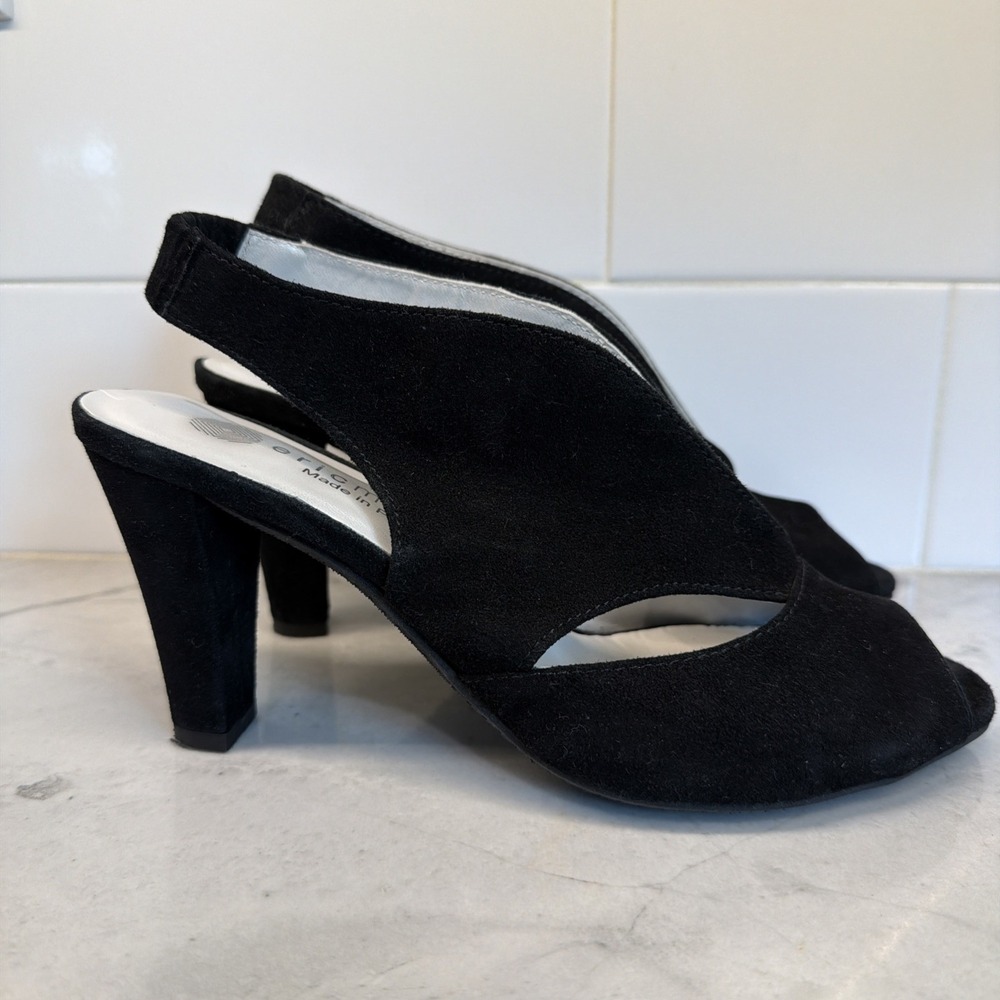 Eric Michael Women's EU 38 Peru Black Suede Leather Slingback Peep Toe Heels - Picture 2 of 15